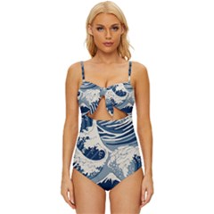 Japanese Wave Pattern Knot Front One-piece Swimsuit by Wav3s