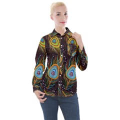 Pattern Feather Peacock Women s Long Sleeve Pocket Shirt