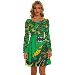 Dino Kawaii Long Sleeve Wide Neck Velvet Dress by Wav3s