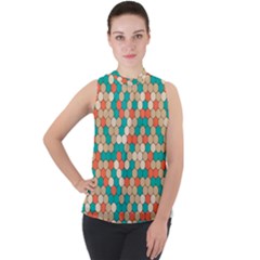 Multicolored Honeycomb Colorful Abstract Geometry Mock Neck Chiffon Sleeveless Top by Vaneshop