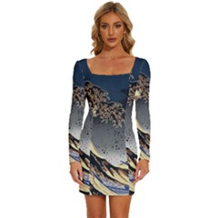 The Great Wave Off Kanagawa Japanese Waves Long Sleeve Square Neck Bodycon Velvet Dress