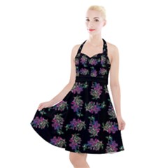 Midnight Noir Garden Chic Pattern Halter Party Swing Dress  by dflcprintsclothing