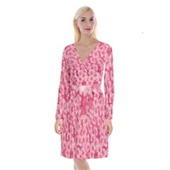 Cute Pink Sakura Flower Pattern Long Sleeve Velvet Front Wrap Dress