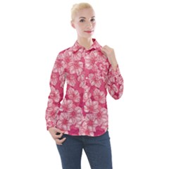 Cute Pink Sakura Flower Pattern Women s Long Sleeve Pocket Shirt