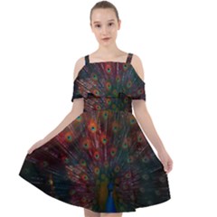 Red Peacock Feather Cut Out Shoulders Chiffon Dress