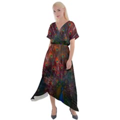 Red Peacock Feather Cross Front Sharkbite Hem Maxi Dress