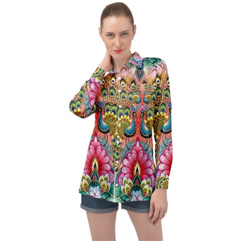 Pink Peacock Bird Pattern Texture Long Sleeve Satin Shirt by Cowasu