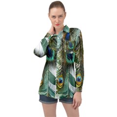 Peacock Feathers Feather Blue Green Long Sleeve Satin Shirt