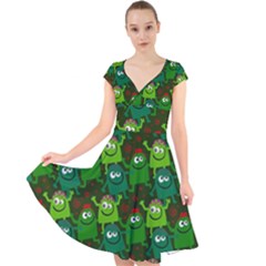 Green Monster Cartoon Seamless Tile Abstract Cap Sleeve Front Wrap Midi Dress