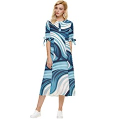 Pattern Ocean Waves Arctic Ocean Blue Nature Sea Bow Sleeve Chiffon Midi Dress