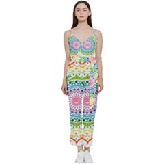 Mandala Pattern Rainbow Pride V-neck Spaghetti Strap Tie Front Jumpsuit