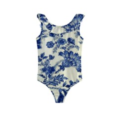 Vintage Blue Drawings On Fabric Kids  Frill Swimsuit