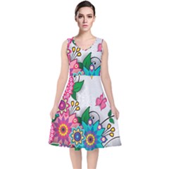 Flowers Pattern Vector Art V-neck Midi Sleeveless Dress  by Amaryn4rt