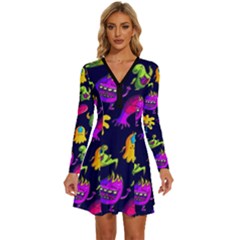 Space Patterns Long Sleeve Deep V Mini Dress  by Amaryn4rt