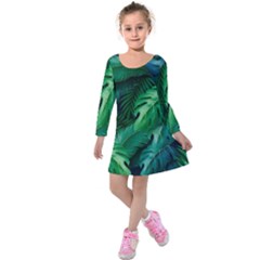 Tropical Green Leaves Background Kids  Long Sleeve Velvet Dress