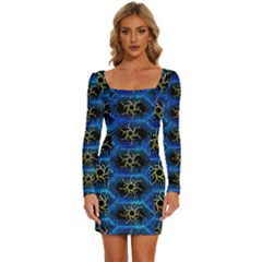 Blue Bee Hive Long Sleeve Square Neck Bodycon Velvet Dress