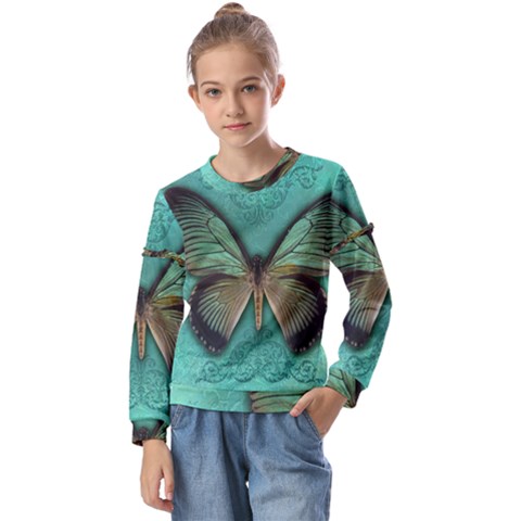 Butterfly Background Vintage Old Grunge Kids  Long Sleeve Tee With Frill  by Amaryn4rt