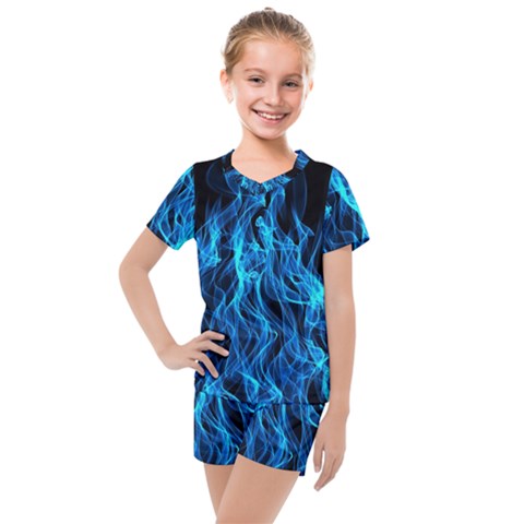 Digitally Created Blue Flames Of Fire Kids  Mesh Tee And Shorts Set by Simbadda