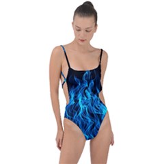 Digitally Created Blue Flames Of Fire Tie Strap One Piece Swimsuit by Simbadda