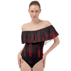 Scary Dark Forest Red And Black Off Shoulder Velour Bodysuit 