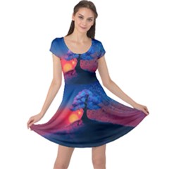 Dark Tree Sunset Landscape Art Cap Sleeve Dress by Ravend