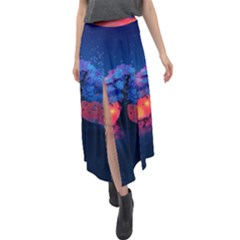 Dark Tree Sunset Landscape Art Velour Split Maxi Skirt by Ravend