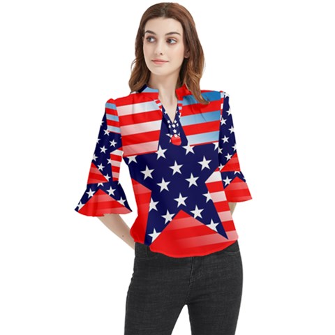 Patriotic American Usa Design Red Loose Horn Sleeve Chiffon Blouse by Celenk