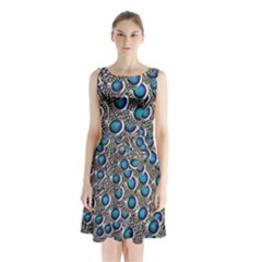 Peacock Pattern Close Up Plumage Sleeveless Waist Tie Chiffon Dress by Celenk