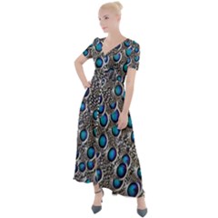 Peacock Pattern Close Up Plumage Button Up Short Sleeve Maxi Dress by Celenk