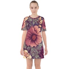 Flowers Pattern Sixties Short Sleeve Mini Dress