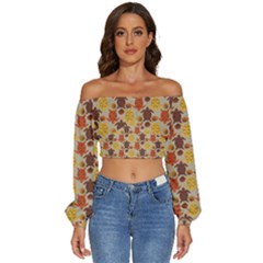 Sea Turtle Sea Life Pattern Long Sleeve Crinkled Weave Crop Top