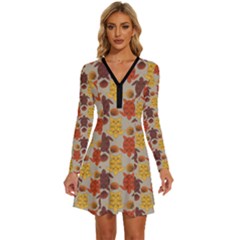 Sea Turtle Sea Life Pattern Long Sleeve Deep V Mini Dress 