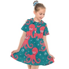 Cute-smiling-red-octopus-swimming-underwater Kids  Short Sleeve Shirt Dress