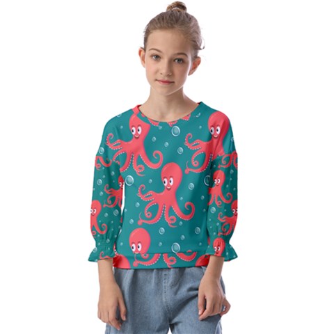 Cute-smiling-red-octopus-swimming-underwater Kids  Cuff Sleeve Top by uniart180623