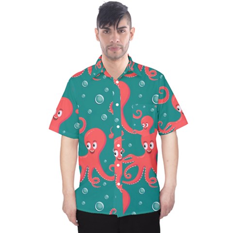 Cute-smiling-red-octopus-swimming-underwater Men s Hawaii Shirt by uniart180623