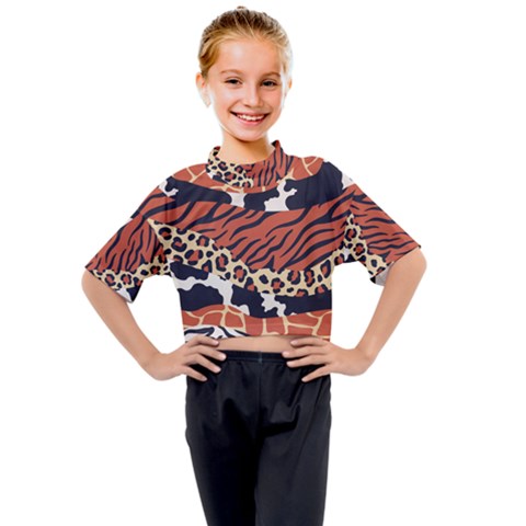 Mixed-animal-skin-print-safari-textures-mix-leopard-zebra-tiger-skins-patterns-luxury-animals-textur Kids Mock Neck Tee by uniart180623