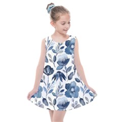 Indigo-watercolor-floral-seamless-pattern Kids  Summer Dress by uniart180623