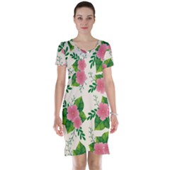 Cute-pink-flowers-with-leaves-pattern Short Sleeve Nightdress