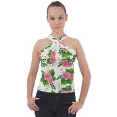 Cute-pink-flowers-with-leaves-pattern Cross Neck Velour Top by uniart180623