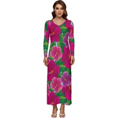 Background-cute-flowers-fuchsia-with-leaves Long Sleeve Longline Maxi Dress