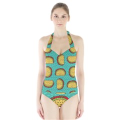 Taco-drawing-background-mexican-fast-food-pattern Halter Swimsuit by uniart180623