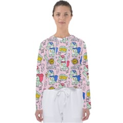 Seamless-pattern-with-many-funny-cute-superhero-dinosaurs-t-rex-mask-cloak-with-comics-style-inscrip Women s Slouchy Sweat by uniart180623