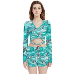 Sea-waves-seamless-pattern Velvet Wrap Crop Top And Shorts Set