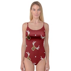 Cute-reindeer-head-with-star-red-background Camisole Leotard  by uniart180623