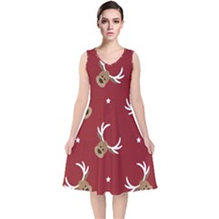 Cute-reindeer-head-with-star-red-background V-neck Midi Sleeveless Dress 