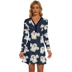 Hand-drawn-ghost-pattern Long Sleeve Deep V Mini Dress  by uniart180623