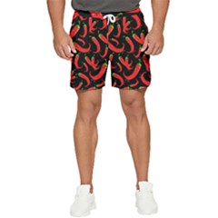 Seamless-vector-pattern-hot-red-chili-papper-black-background Men s Runner Shorts by uniart180623