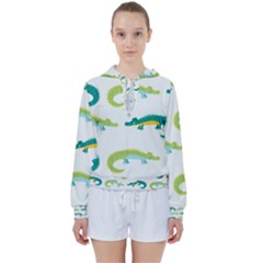 Cute-cartoon-alligator-kids-seamless-pattern-with-green-nahd-drawn-crocodiles Women s Tie Up Sweat by uniart180623