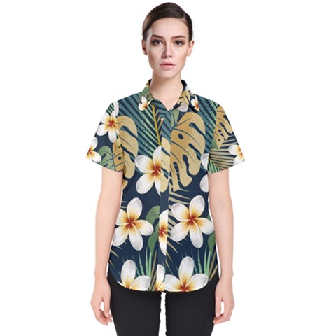 Seamless-pattern-with-tropical-strelitzia-flowers-leaves-exotic-background Women s Short Sleeve Shirt by uniart180623