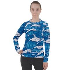 Storm-waves-seamless-pattern-raging-ocean-water-sea-wave-vintage-japanese-storms-print-illustration- Women s Pique Long Sleeve Tee